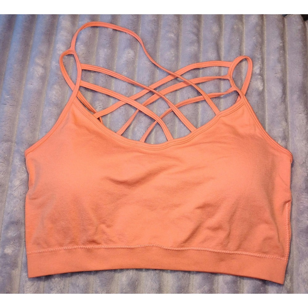 L/XL Zenana Outfitters V Lattice Criss Cross Peach Sports Bra Bralette Seamless